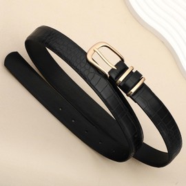 SANSTHS Women Leather Belts for Jeans Pants Fashion Gold Buckle Ladies Dress Waist Belt Crocodile Grain,black,L