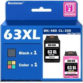 Bestoner™ Remanufactured Ink Cartridge Replacement for HP 63XL Black Ink High Yield- HP DeskJet 1112, 2130, 3630 Envy 4510, 4520 OfficeJet 3830, 4650, 5200 (1Black&1Color)