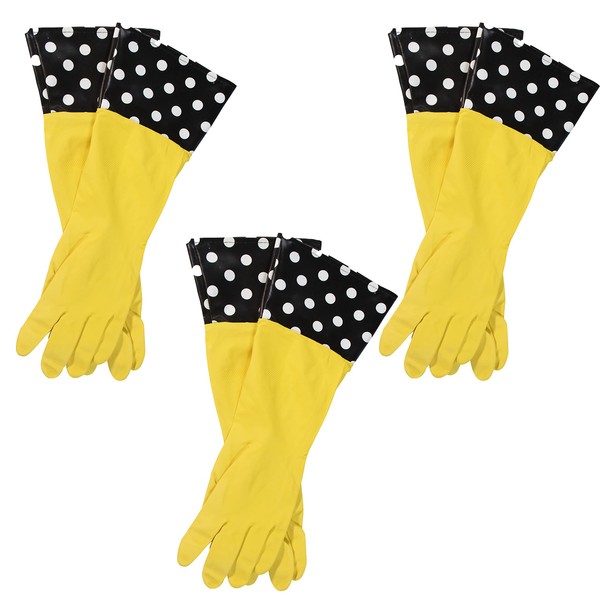 Glam-Gloves Dishwashing Gloves For Cleaning, Thick Latex Gloves for Kitchen, Restroom and Home, Long Sleeves, 3 Pairs of Gloves, Assorted Colors and Patterns, One Size Fits All