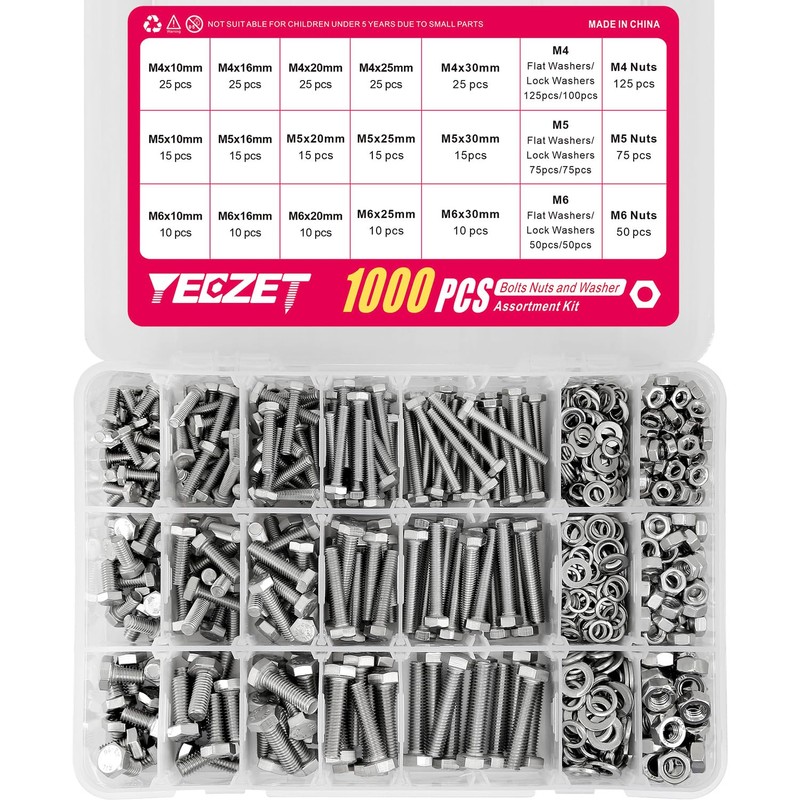 YEEZET 1000pcs M4 M5 M6 Bolts and Nuts Washers Assortment