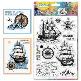 CHGCRAFT Vintage Sailboat Clear Stamps Compass Transparent Stamps Silicone Clear Stamp Seals for DIY Scrapbooking Photo Album Decoration, 4.3x6.3inch