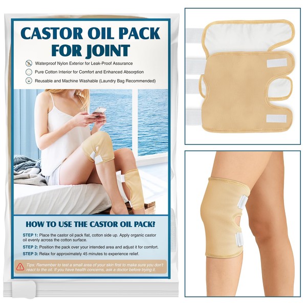 Taoscare 2 Pack Castor Oil Pack Wrap, Castor Oil Wrap for Knee Elbow Arm& Thigh, Reusable & Washable Organic Cotton Patch, Castor Oil Compress Pads with Adjustable Velcro Elastic Strap