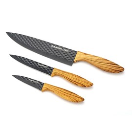 DIAMOND CHEF 3-Piece Graphene Knife Set, 8" Chef Knife, 5" Utility Knife, 3.5" Paring Knife, High Carbon Stainless Steel, Nonstick Graphene Coating, Ergonomic Wood-Grain Handle, Black