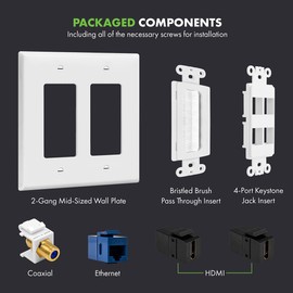 TOPGREENER Double Gang Datacomm Bundle with Multimedia Pass-Through Insert, 4-Port Keystone Jack Insert, Coaxial, Ethernet, HDMI Keystones, and 2-Gang Decorator Wall Plate, TG889174MCFH2-W, White