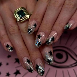 MERVF Oval Press on Nails Medium Fake Nails Press ons Glitter French Tip Glue on Nails with Black Star Design Round Ombre Acrylic False Nails 24pcs Glossy