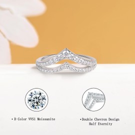 SILVERNANA Double Chevron Moissanite Bands for Women 925 Sterling Silver Curved V Shape Crown Wedding Eternity Ring for Her Size 8