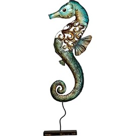 HS Seashells Metal & Capiz Home Décor Sculpture, Rustic Seahorse on Stand, Metal & Capiz Art Sculpture, Small Statue, Nautical Décor, Coastal Home Decoration, 20" Left, Green