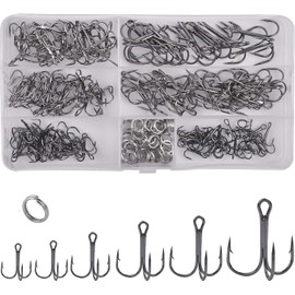 180pcs/Box Treble Fishing Hooks Sharp Round Bend Treble Hooks Strong Wide Gap High Carbon Steel Barbed Fish Hook for Fishing Lures Baits Freshwater Saltwater Fishing
