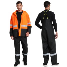 NAVIS MARINE Rain Suits for Men Heavy Duty Workwear Waterproof Jacket with Pants 3 Pieces (Fluorescent Orange, Small)
