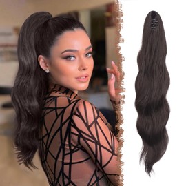 FESHFEN Ponytail Extensions 20 inch Long Wave Ponytail Claw Clip in Pony Tail Hair Extension Wavy Ponytails with Claw Clip Synthetic Hairpieces for Women Girls Dark Brown