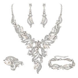 EVER FAITH Bridal Wedding Crystal Marquise Crystal Leaf Cluster Statement Y-Shaped Pendant Necklace Earrings Bracelet Ring Set for Prom Clear Silver-Tone