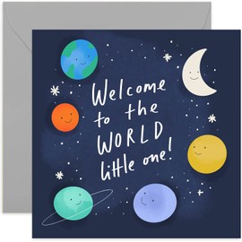 Old English Co. Welcome To The World Little One Universe Card - Fun New Baby Girl or Boy Card for Parents | Cute Cosmic Illustration | Blank Inside & Envelope Included