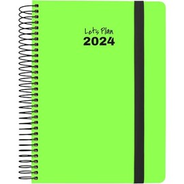 Grafoplás | 2024 Yearly Planner | Neon Green | Spanish | 15 x 21 cm | Spiral | Day by Page | Hardcover Lined FSC Paper | Rubber Closure | Neon Series | Perfect for Planning Your Time