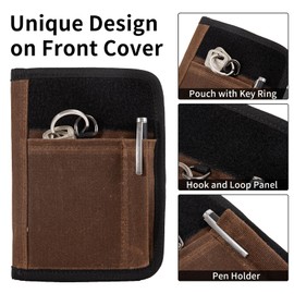 YLZZMDQSZ Field Notes Notebooks Cover for 3.5 X 5.5 Inch, Waxed Canvas Field Journal Covers With Notes Wallet, Water Resistant Journal Notebook Planner,Velcro Design and D-Ring Keychain (Brown)