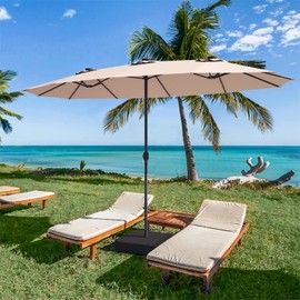 DREAMADE 15 ft Double-Sided Patio Umbrella w/Base Included, Large Outdoor Umbrella w/ 48 Solar Lights, Market Umbrella w/ 12 Sturdy Ribs & Crank System for Patio, Poolside, Garden, Beach