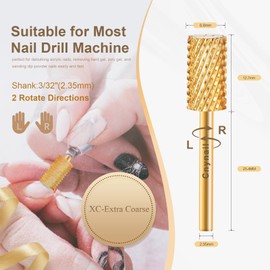 Cnynail 3/32" Large Barrel Flat Top Tungsten Carbide Nail Drill Bit Safety Bit for Gel & Acrylic Removal, 2-Way Rotating Efile Tip, Salon Electric File Accessory (XC Grit, Gold)