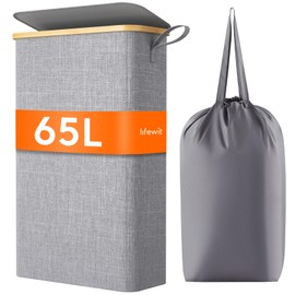 Lifewit 65L Slim Laundry Hamper with Lid, Narrow Laundry Basket with Removable Bag & Bamboo Handles, Fodable Thin Dirty Clothes Hamper for Laundry Collapsible Bin for Bathroom Bedroom Dorm, Gray
