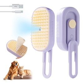 GooCare Soft 3-in-1 Silisone Spray Brush with Handle for Shedding, Cleaning and Spa Massage, Hair Removal, Best Water Steam Brush for indoor Long or Short Haired Cat, Dog and Rabbit (Purple, Handle)