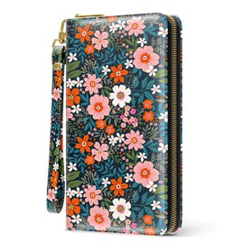 Womens Wallet, RFID Wristlet Wallets for Women, Cute Ladies Clutch Purses, Large Leather Travel Card Holder with Zipper and Phone Holder, Colorful Flowers