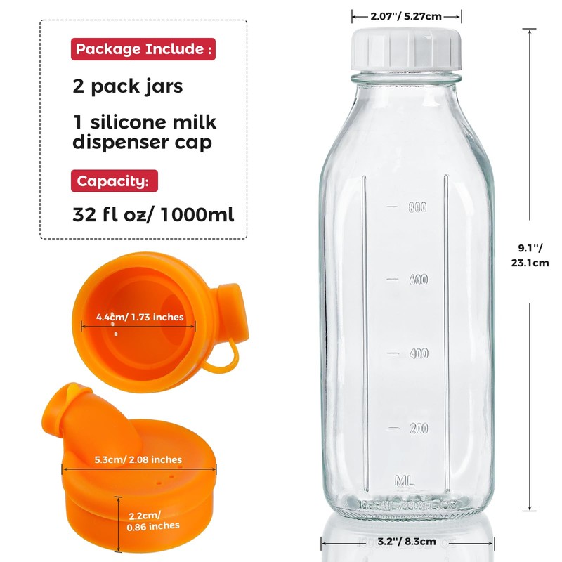 Dwbligt 32 oz Reusable Glass Milk Bottles with Silicone Dispenser