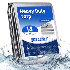 Heavy Duty tarps Waterproof, 14 Mil Sliver Thick Waterproof Poly Tarp for Outdoor Camping Pool Car Tent, Rip and Tear Proof Tarpaulin with Grommets and Reinforced Edges