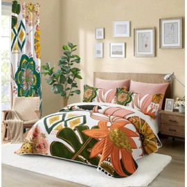 Tyrot 2 Piece Boho Floral Quilt Sets Twin Size Farmhouse Botanical Reversible Lightweight Bedspread Coverlet with 1 Sham Mid Century Leaves Microfiber Bedding Quilts Set for All Season, 68''x86''