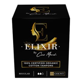 Elixir by Cocó March Certified Organic Cotton Tampons Hypoallergenic Biodegradable Tube Organic Cotton Core, Pull Cord, Sewing Thread - No Harsh Chemicals - Regular 16 Count