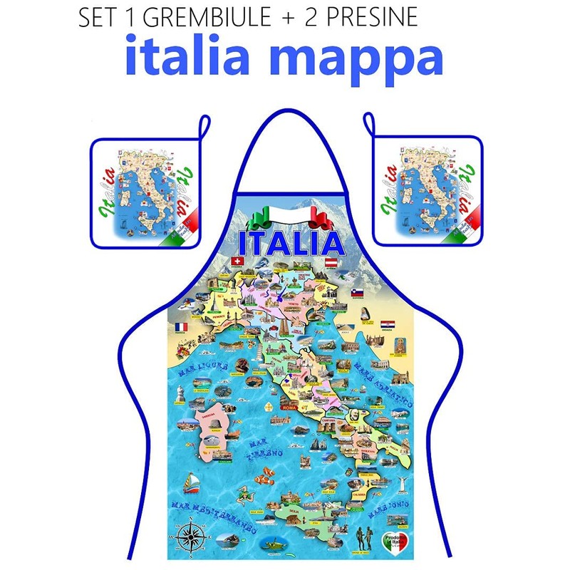 Generico Set apron + 2 potholders cotton fabric Italy map