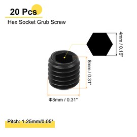 sourcing map 20Pcs Hex Socket Grub Screw, M8x8mm Alloy Steel Head Socket Set Screws Flat Point Grub Bolt for Door Handles, Light Fixture Repair, Black