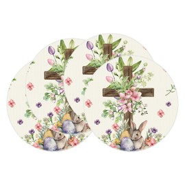 BOTB LIHM Easter Watercolor Cross Bunny Colorful Eggs Flowers Leaves Rabbits Spring Cloth Round Placemats Set of 4 Table Mats Table Decorations 14x14 Inch