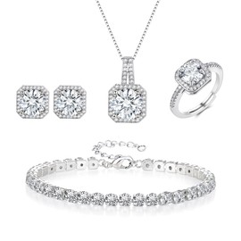 EVER FAITH Wedding Cubic Zirconia Jewelry Sets for Bride Bridesmaid, Glamour Bridal Square Pendant Necklace Stud Earrings Tennis Bracelet Open Ring Set for Women Clear Silver-Tone