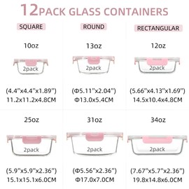 HAKEEMI 12 Pack Glass Storage Containers with Lids, Glass Meal Prep Containers Set, Airtight Food Storage Containers, Pink