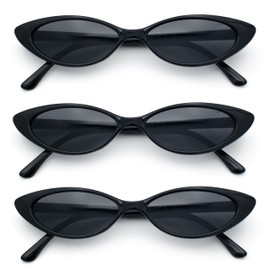SA106 Womens Narrow Thin Cat Eye Plastic Gothic Retro Sunglasses, [3-pack] All Black, 5 7/8"(150mm) x 1 3/16"(31mm)