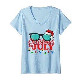 Womens Christmas in July Santa Hat Sunglasses Summer Celebration V-Neck T-Shirt