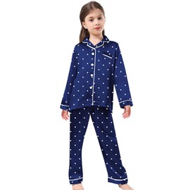 Schbbbta Womens Silk Satin Pajamas Set, Two Pieces Printed Sleepwear Loungewear Button-Down Pj Sets, Navy Dot, Small