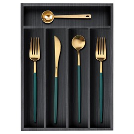 Small Kitchen Utensils Drawer Organizer Black Wooden Flatware Cutlery Tray Silverware Divider Organizer Narrow Wood Silverware Utensil Tray for Drawer Insert Cutlery Fork Spoon Holder for Drawer