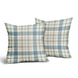 Summer Pillow Covers 18x18 Set of 2 Aqua Blue Tan Beach Theme Buffalo Plaid Holiday Print Decorative Seasonal Coastal Outdoor Pillowcases Farmhouse Throw Cushion Case Couch Sofa Bed Decor