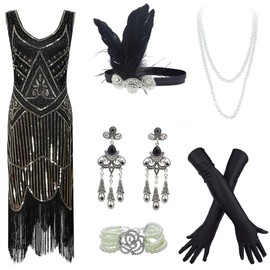 FUNDAISY 20s Flapper Gatsby Sequin Beaded Evening Cocktail Dress with accessories set (2X-Large, Style03-Black&Gold)