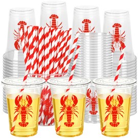 50Pcs 12 Oz Crawfish Plastic Cups with Lids & Straws Summer Crayfish Disposable Cup Red Lobster Clear Drinking Cups for Seafood Boil Theme Birthday Baby Shower Party Supplies