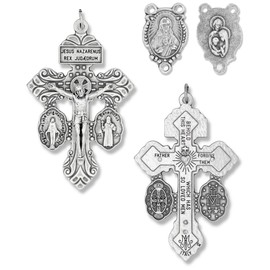 Italian Rosary Making Kit for 5 Rosaries - Cross and Center Sets with 2” Pardon Crucifix with Sacramental Medals (Miraculous Medal and St Benedict Medal) and 1” Holy Family Rosary Center