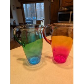 Anyko NEW Set Of Two Plastic 52 oz Pitchers 8.25" Festive Green, Blue/Orange, Pink Hue