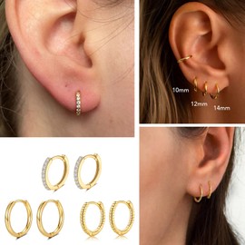 Sterling Silver Hoop Earrings for Women, 3 Pairs Gold Small Huggie Hoop Earrings Set | Hypoallergenic Cubic Zirconia Twisted Hoops Earring Jewelry for Men Girls, (8mm*3)