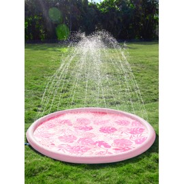 SLOOSH Splash Pad Sprinkler Mat - 6ft Tropical Leaves Outdoor Water Play Toys for Kids Dogs, Backyard Summer Party Decor Outside Water Games Fountain Pool Children Boys Girls Toddlers Baby (Pink)