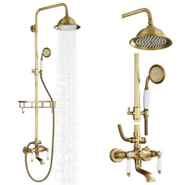 Gmusre Antique Brass Shower System Outdoor Shower Fixtures with 8 Inch Rain Shower Head and Double Cross Handles Bathroom Shower Faucet Set