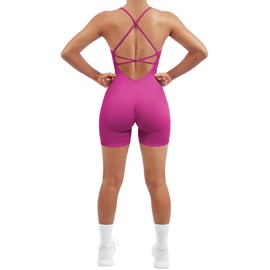 SUUKSESS Women Strappy Romper Workout Yoga Seamless One Piece Jumpsuit Tummy Control Padded Sports Bra (Hot Pink, S)