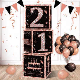 Eiurteao 3pcs 21st Birthday Decorations Boxes for Girls, Rose Gold Happy 21 Birthday Balloons Boxes Party Supplies, Twenty-one Bday Theme Cardboard Box Decor