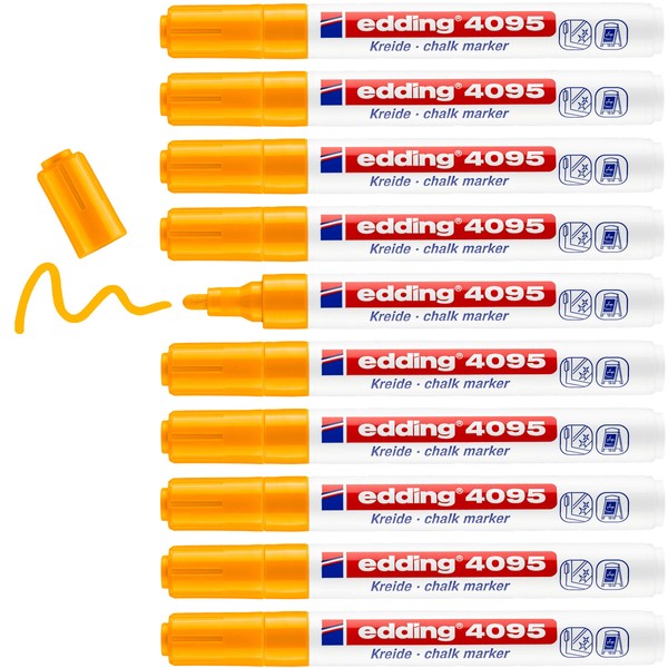 edding 4095 Chalk Marker - Neon-Orange - 10 Chalk Pens - Round Tip 2-3 mm - Medium-Tipped Wet Wipe Pen for Chalkboards, Windows, Glass, Mirrors - Liquid Chalk Marker Pens for Opaque Coverage