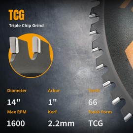 POWERTEC 14" Cold Saw Blade, 66T, 1" Arbor, Steel Cutting Saw Blade, TCG Cemented Carbide Teeth - Cuts Steel and Ferrous Metal - 1600 Max RPM Thin Kerf Chop Saw Blade - 1 PK (14014)