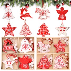 Wooden Christmas Pendants, Doyomtoy Pack of 24 Christmas Wooden Ornaments Christmas Tree Decoration Wooden Hanging Ornaments Christmas Pendant Christmas Tree Decoration for Christmas Tree Christmas