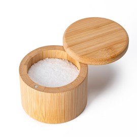Husfunov Bamboo Salt Cellar, Magnetic Swivel Lid Salt Box, Round Container for Storing Pepper Sugar Herbs, 6 Ounce Capacity